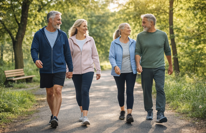 Active adults walking outdoors